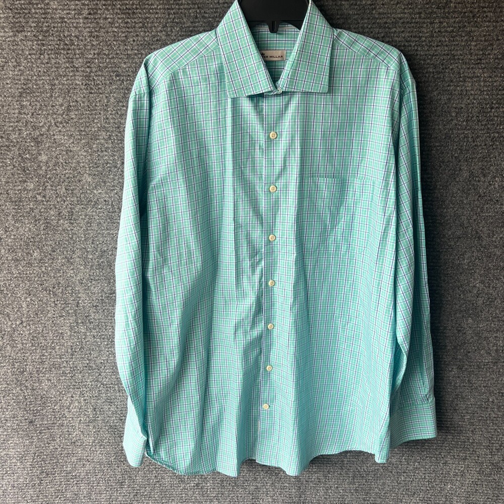 Peter Millar Shirt Mens Large Green Check Cotton Long Sleeve Button Up Casual